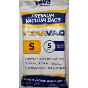 Veva Premium HEPAVac Vacuum Bags For S Style Vacuums 5 Bag MicroAllergen Filtrat